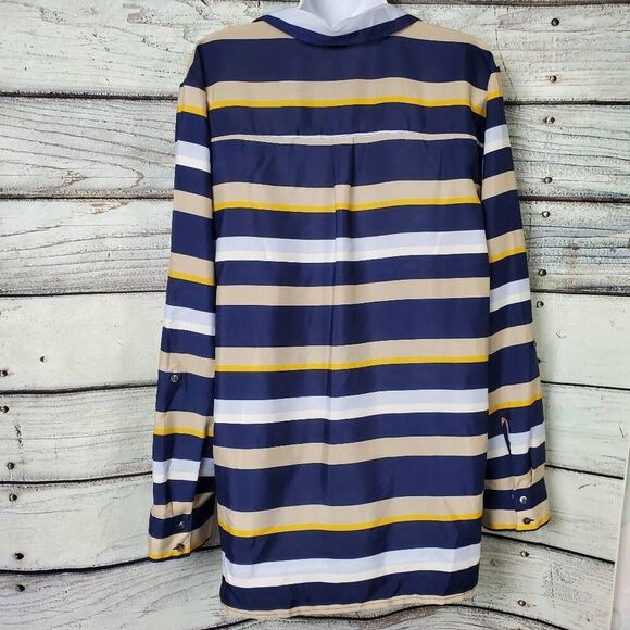 Ann Taylor Women’s Striped Button Front Blouse Navy Beige Yellow XL - Picture 4 of 9